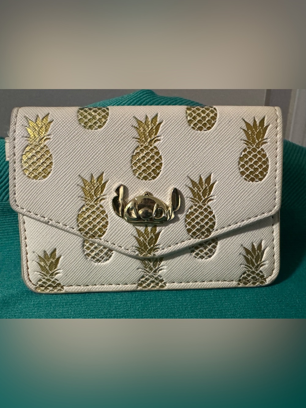 Disney White Wallet with Gold Pineapple Pattern and Stitch Clasp